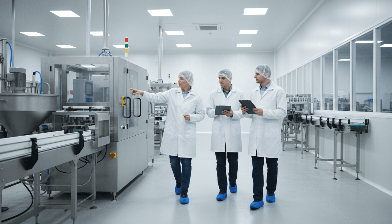 Wide view of a food processing line with workers in a clean, modern facility