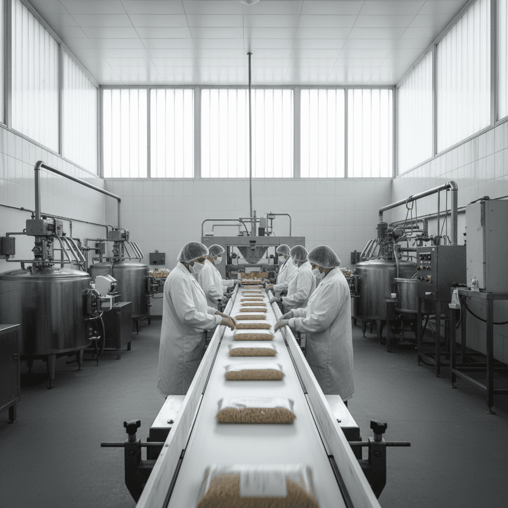 Wide view of a food processing line with workers in a clean, modern facility